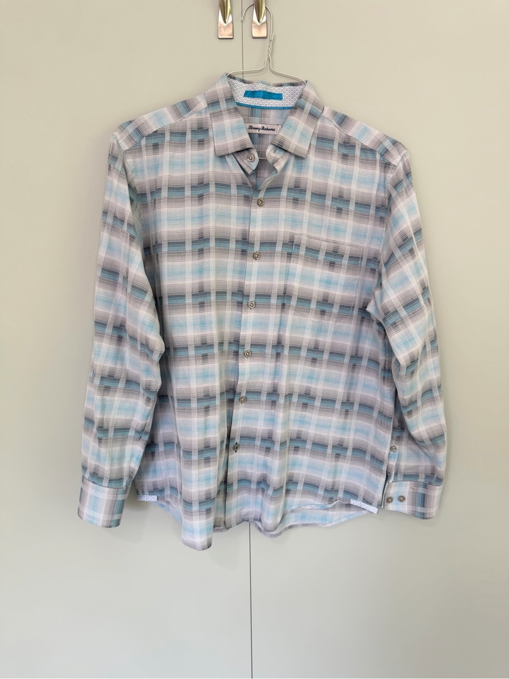 TOMMY BAHAMA Men’s Long Sleeve Cotton Silk Blend Gray Blue Button Up Shirt